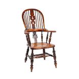 A Mid 19th Century Ash and Elm High-Back Windsor Armchair, with spindle back support, double pierced