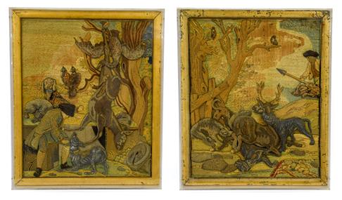 A Pair of Stumpwork Pictures, early 18th century, worked in coloured and metal threads with