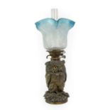 A Craighead & Cintz Patinated Metal Oil Lamp, late 19th century, naturalistically cast as a seated