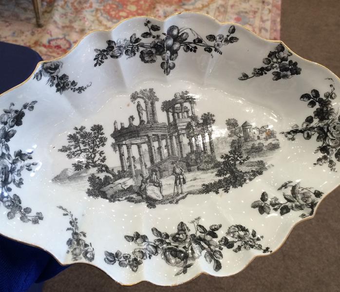 A Worcester Porcelain Dessert Dish, circa 1770, of fluted oval form, printed en grisaille with - Image 2 of 7