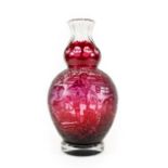 A Bohemian Cranberry Overlaid Clear Glass Vase, 20th century, of double gourd form, etched and cut