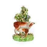 A Matched Pair of Derby Porcelain Cow and Calf Groups, circa 1780, each on mound bases with