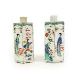 A Pair of Chinese Porcelain Hexagonal Canisters, Kangxi, painted in famille verte enamels with