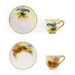 A Royal Worcester Porcelain Miniature Cup and Saucer, by Harry Stinton, 11915, painted with highland