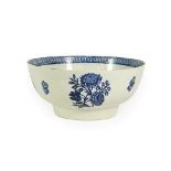 A John Pennington Liverpool Porcelain Punch Bowl, circa 1790, printed in underglaze blue with a brig