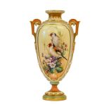 A Royal Worcester Porcelain Vase, by Charles Baldwin, 1901, of baluster form with strap handles,