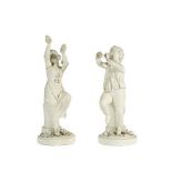 A Pair of Derby Bisque Figures of Musicians, circa 1775, she playing a pair of cymbals, he a pipe,