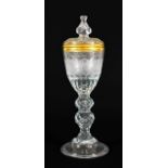 A Lauenstein Glass ''Die Landes Wollfarth'' Goblet and Cover, mid 18th century, the ovoid bowl