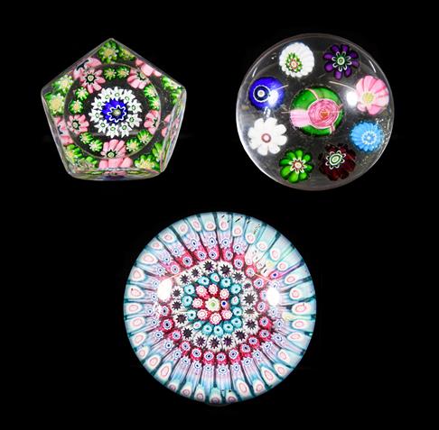 A Clichy Miniature Spaced Millefiori Glass Paperweight, circa 1850, centred by a Clichy rose