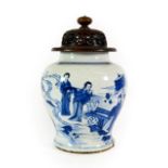 A Chinese Porcelain Jar, Kangxi, of baluster form, painted in underglaze blue with dignitaries and