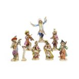 A Meissen Porcelain Monkey Band, 20th century, after the model by Johann Joachim Kändler, comprising