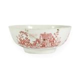 A Christians Liverpool Porcelain Punch Bowl, circa 1770, printed in red with an armorial, the