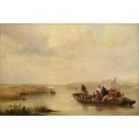 Attributed to John F Tennant (1796-1872) Figures and cattle on a barge traversing a river with