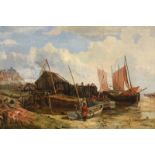 John Wright Oakes (1820-1887) Beached vessels at Scarborough Pier Signed and dated (18)64, oil on