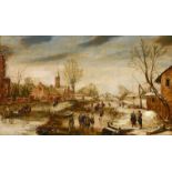 Attributed to Frans de Momper (1603-1660) Flemish Winter village scene with figures skating on a