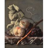 Circle of Simon Pietersz Verelst (1644-1721) Dutch Peaches, vine leaves and grapes on a ledge Canvas