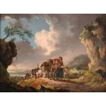 Attributed to Peter le Cave (fl.1769-1810) Travelling country folk in a Lakeland landscape Oil on