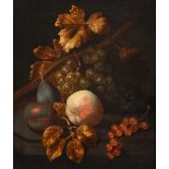 Attributed to Simon Pietersz Verelst (1644-1721) Dutch Still life of grapes, fruit and leaves Oil on