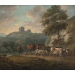 Attributed to Julius Caesar Ibbetson (1759-1817) Rustic scene with cattle Signed, oil on panel, 24cm