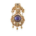 A Cultured Pearl, Diamond and Enamel Brooch, a blue enamel domed circular plaque within a yellow