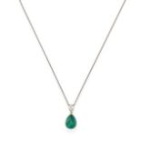 An Emerald and Diamond Pendant on Chain, a pear shaped emerald in a yellow claw setting,
