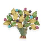 A Multi-Gem Set and Enamel Brooch, of giardinetto design, the vase formed of carved emerald, the