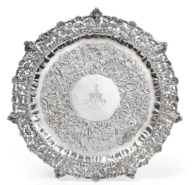 A William IV Irish Silver Salver, by James Moore, Dublin, 1835, shaped circular and on four