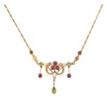 An Edwardian Peridot, Garnet and Split Pearl Necklace, the scroll motif set throughout with round