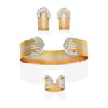 An 18 Carat Tri-Coloured Gold Diamond Bangle, Ring and Earring Suite, of broad ridged cuff design,