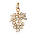 A Split Pearl and Diamond Pendant, realistically modelled as a bunch of grapes, set throughout