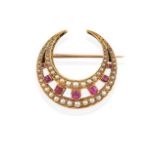 An Edwardian Synthetic Ruby and Split Pearl Crescent Brooch, seven graduated round cut synthetic
