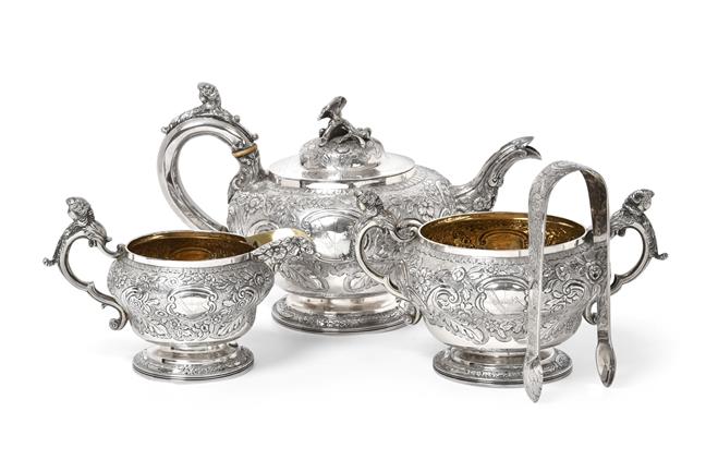 A Three-Piece George III Silver Tea-Service With a Pair of Sugar-Tongs En Suite, by Solomon Hougham,