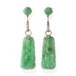 A Pair of Jade and Diamond Drop Earrings, a round cabochon jade suspends a white geometric eight-cut