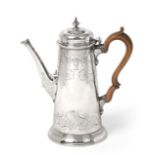 A George II Silver Coffee-Pot, by Richard Burcombe, London, 1734, tapering and on spreading foot,