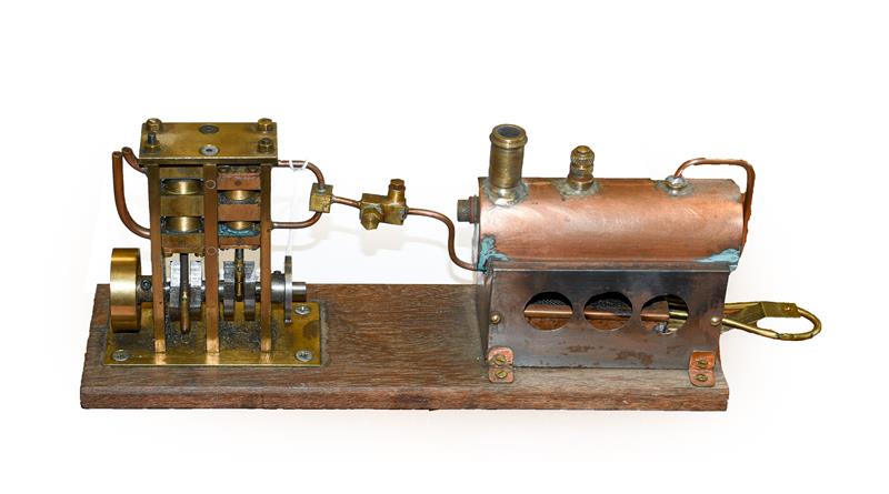 Brass Stationary Steam with twin oscillating cylinders 4'', 10cm high, on wooden base with copper