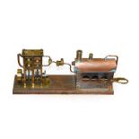 Brass Stationary Steam with twin oscillating cylinders 4'', 10cm high, on wooden base with copper
