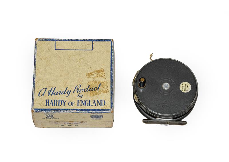 A Hardy 3 5/8'' Perfect Trout Fly Reel with RHW, agate line guard, brass foot and ebonite handle
