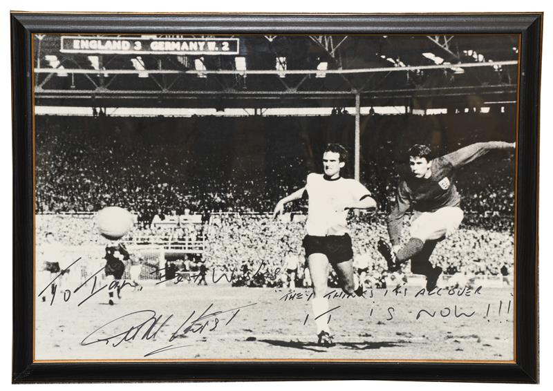 Geoff Hurst Signed Photograph b/w showing Hurst scoring the fourth game v West Germany in the 1966