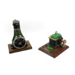 Stationary Steam Engine single vertical with flywheel on wooden base 10 1/2'', 27cm high together