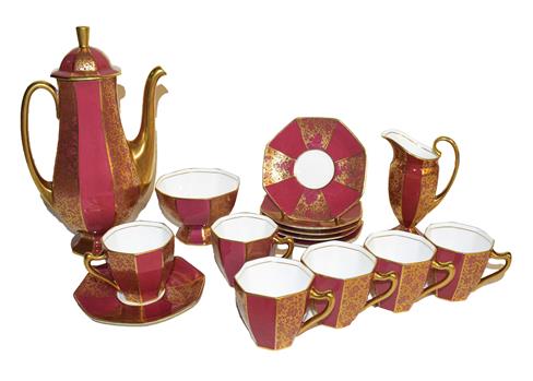 ~A 1930s Royal Doulton coffee service with gilt decoration on a red ground comprising a coffee