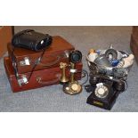 Pillar telephone, black telephone, two suitcases, plated punch bowl, two pewter tankards etc