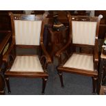 A pair of French Empire style mahogany brass mounted and mother of pearl inlaid chairs, with further