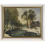 N. Tillerington (20th century) A river landscape in snow, signed oil on canvas, 34.4cm by 44.5cm,