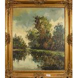 R H Herman (20th century) river landscape, signed oil on canvas, 60cm by 50cm together with a modern