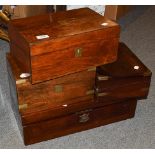 four 19th century brass mounted writing slopes, three mahogany and one rosewood example, (4)