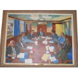 Anthony Oakshette, The Board Meeting, oil on canvas, signed and dated 2000, 90cm by 122cm