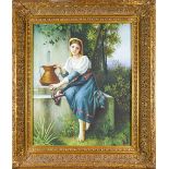 Contemporary Continental School, portrait of a maiden collecting water, unsigned oil on canvas