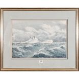 A watercolour marine picture depicting HMS Vanguard, signed John Whale 1991, label to the reverse