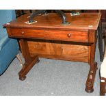 A Victorian mahogany single drawer side table, raised on square supports over squat bun feet, 90cm