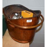 A copered and copper banded coal bucket, with liner together with a carbide lamp and three